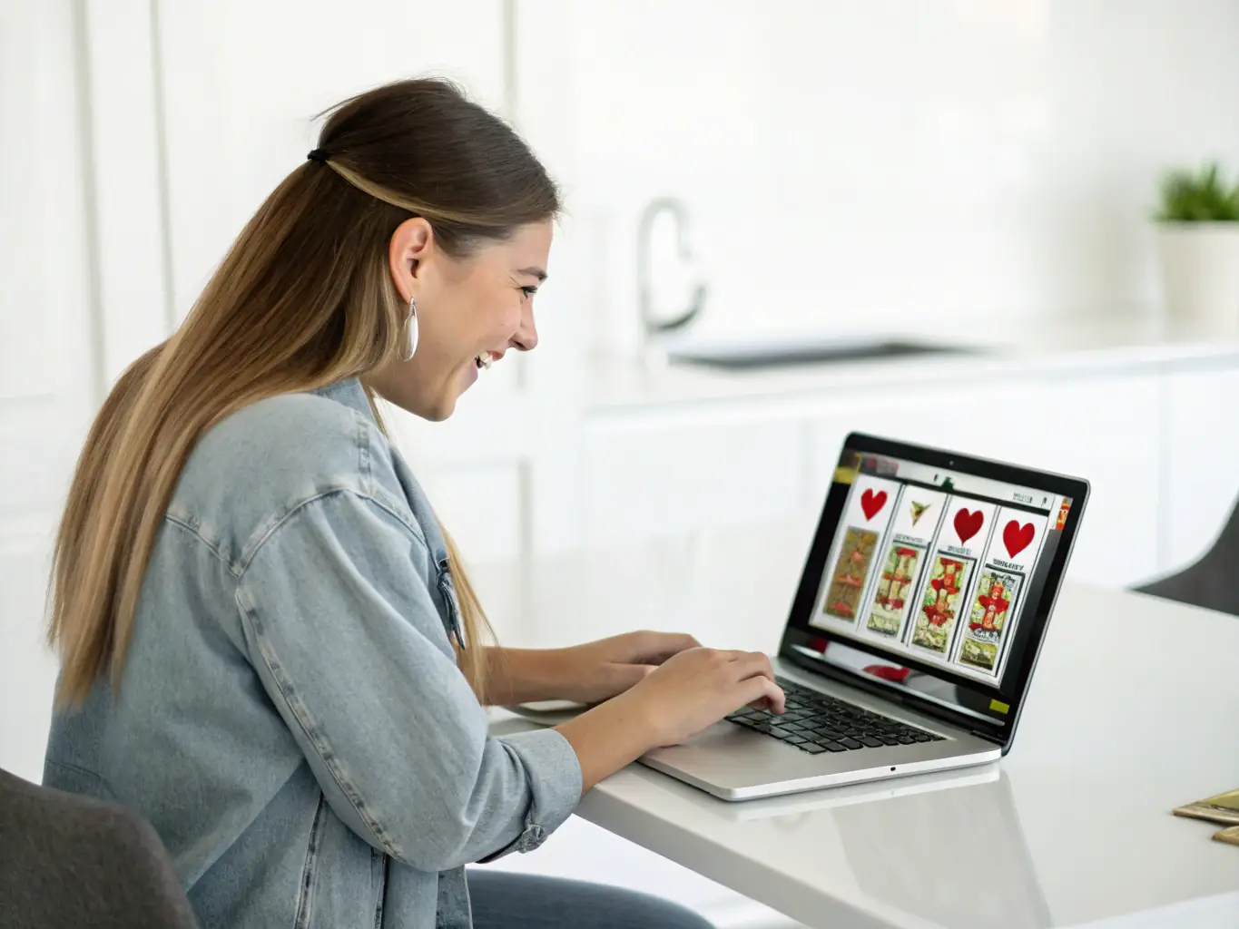 An image of a person studying cassino slots game rules on a laptop, with colorful chips and cards on the table, symbolizing the learning process.