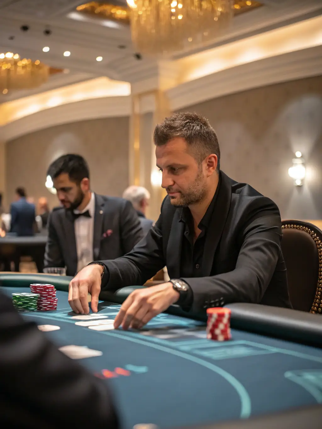 A professional poker player in a serious pose, holding a winning hand of cards, with cassino slots chips stacked in the background, conveying the skill and strategy involved in poker.